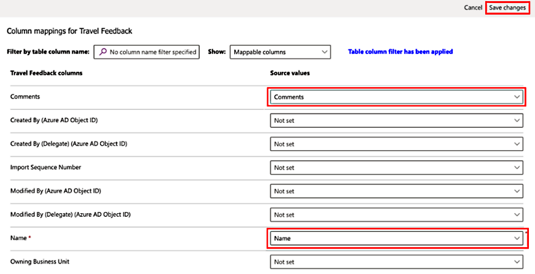Screenshot of column mappings to Travel Feedback table.