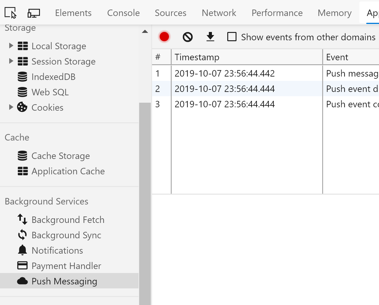 Browser developer tools console on the "Application" tab with "Push Messaging" open showing three push notifications to the app with their timestamps.