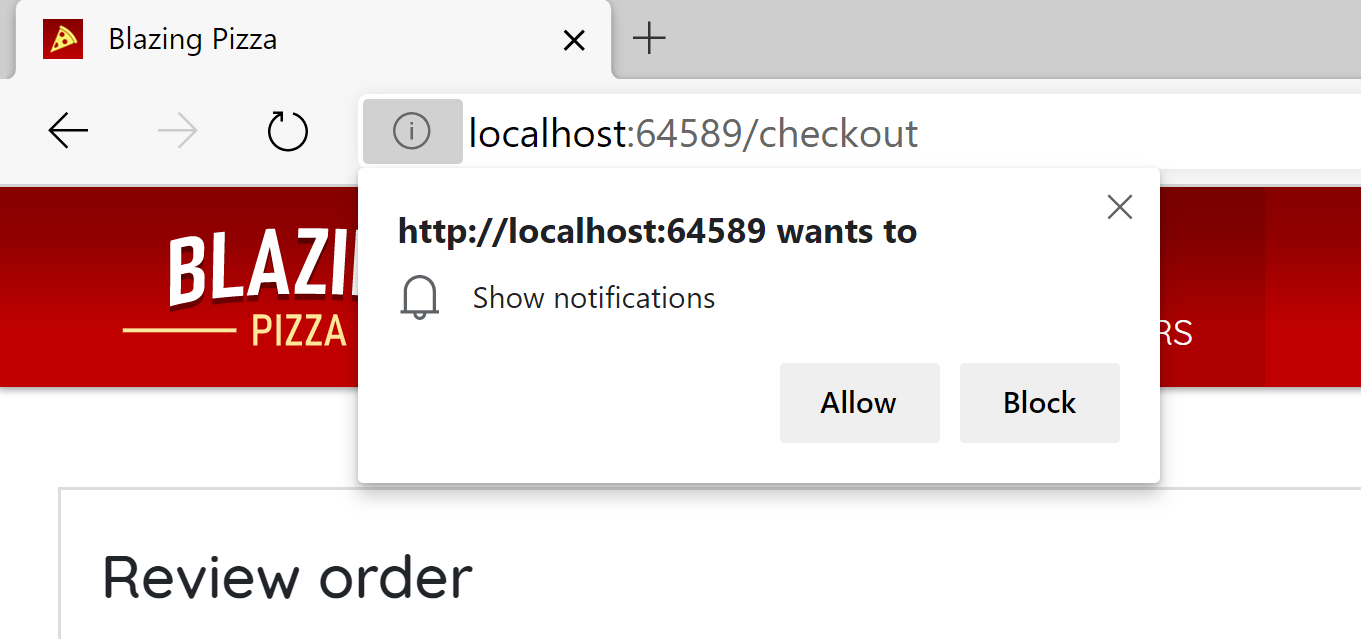 The Blazing Pizza app requests permission from the user to show notifications.
