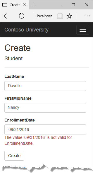 Screenshot of the Create page showing the validation error message for the invalid Date field value.