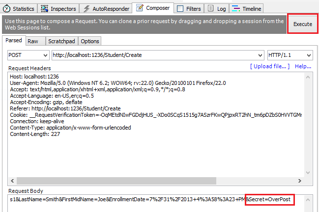 Screenshot of the Composer view in Fiddler showing the Secret field added in the request body.