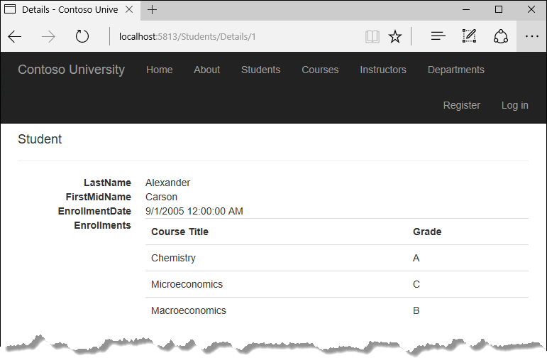 Screenshot of the Student Details page.