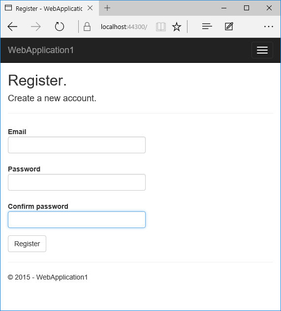 Web application Register view open in Microsoft Edge