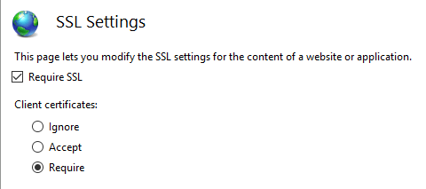Screenshot that shows how to configure the client certificate settings in IIS.
