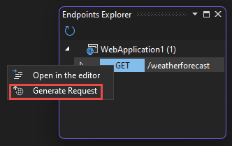 Endpoints Explorer window showing request context menu with 'Generate Request' menu selection highlighted.