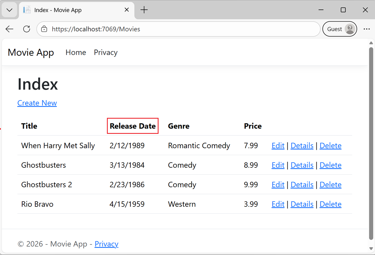 Index view: Release Date is two words.