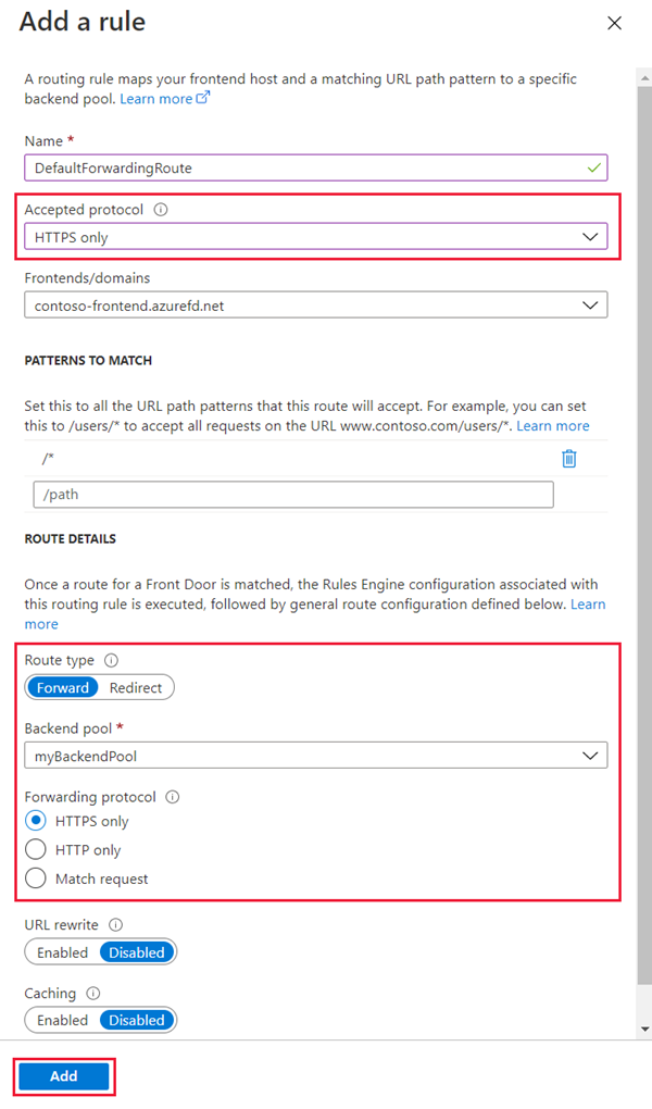 Screenshot of adding a forward route for HTTPS traffic.