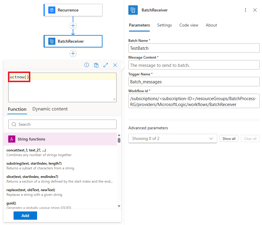 Screenshot shows Consumption workflow, batch sender action pane, Message Content box with cursor, expression editor with utcNow function, and other details.