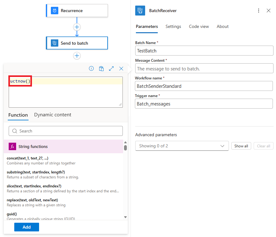 Screenshot shows Standard workflow, batch sender action pane, Message Content box with cursor, expression editor with utcNow function, and other details.