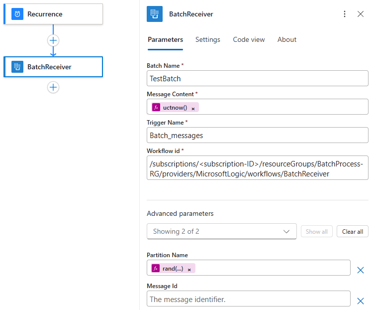 Screenshot shows finished batch sender Consumption logic app workflow.