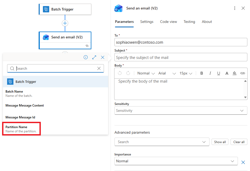 Screenshot shows dynamic content list and selected field for Partition Name property.