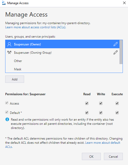 Screenshot of the Manage Access dialog box in Azure Storage Explorer showing permissions for owner, owners group, and options to add users or groups.