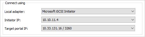 The Connect using dialog box shows the specified information for target portal 10.33.131.16/3260.