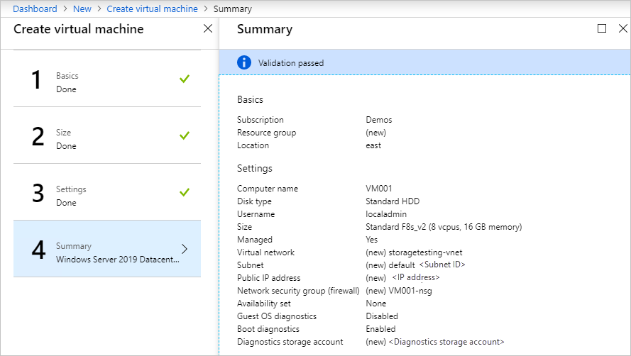 Screenshot that shows the Dashboard > New > Create virtual machine > Summary dialog box that states Validation passed and displays information about VM001.