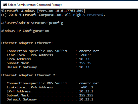 Screenshot that shows the partial ipconfig command output with two Ethernet adapters on the same subnet.