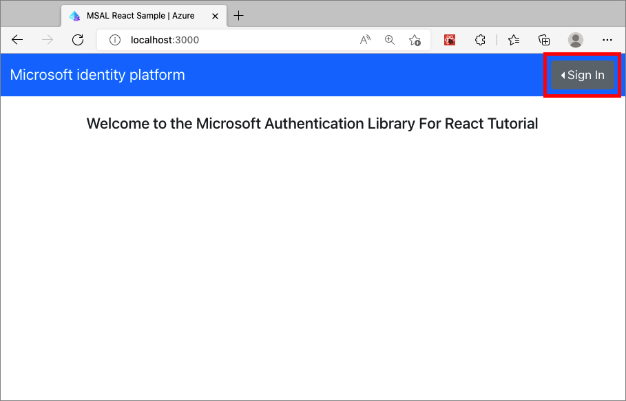 Screenshot that shows the React sample app with the login link.