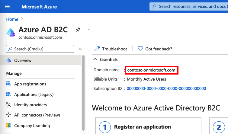 Screenshot demonstrates how to get the Azure AD B2C tenant name.