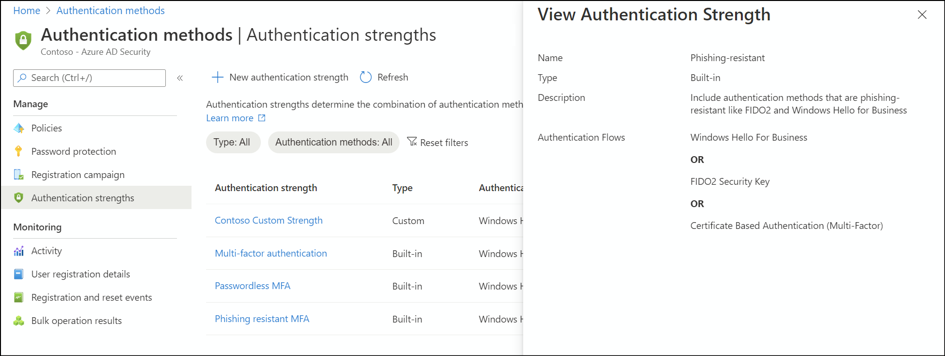 Screenshot showing the phishing-resistant MFA strength definition.