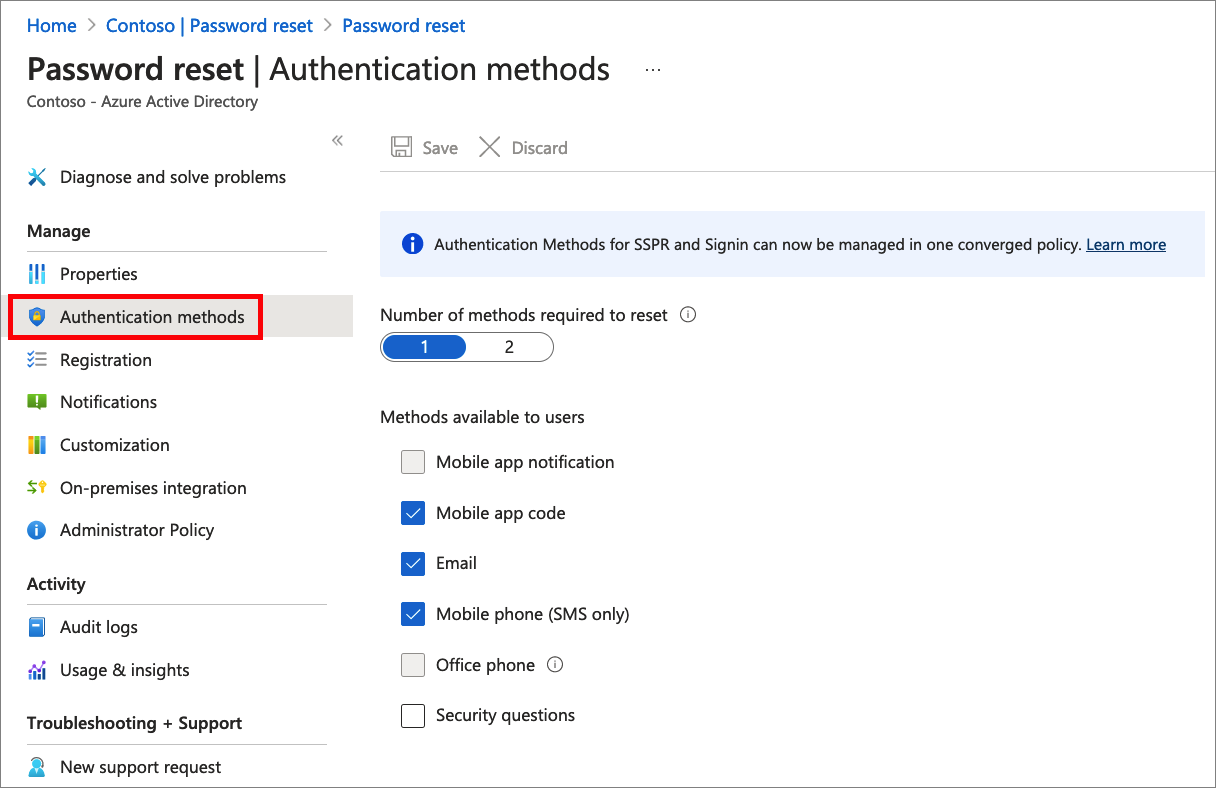 Screenshot that shows the legacy Azure AD SSPR policy.