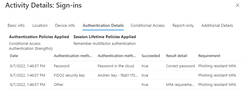 Screenshot showing the authentication strength in the sign-in log.