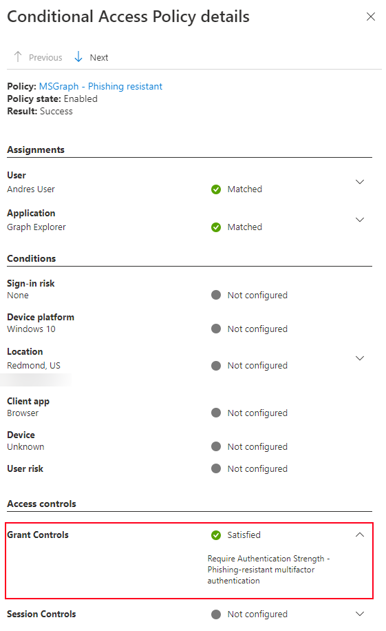 Screenshot showing the authentication strength under Conditional Access Policy details in the sign-in log.