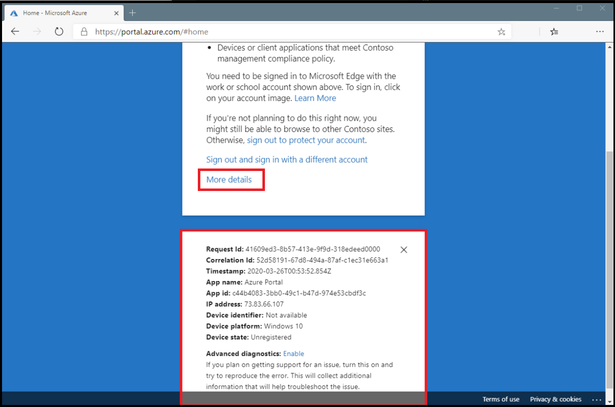 Screenshot showing more details from a Conditional Access interrupted web browser sign-in.