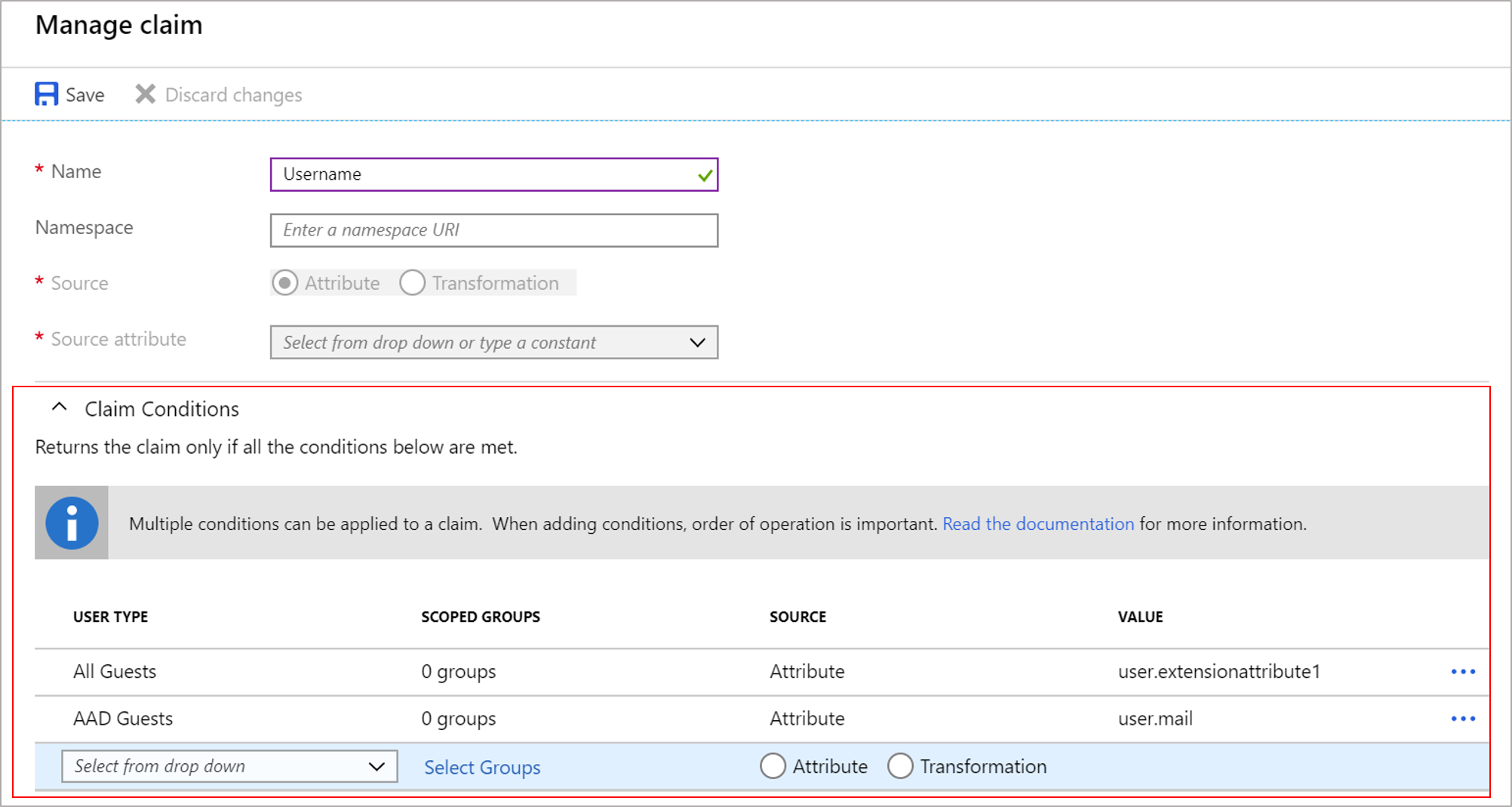 Screenshot of claims conditional configuration.