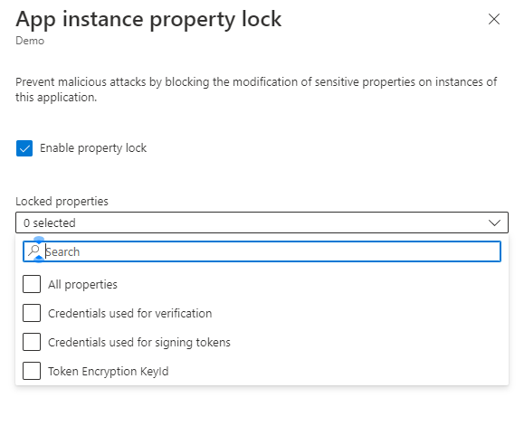 Screenshot of an app registration's app instance property lock context pane in the Azure portal.