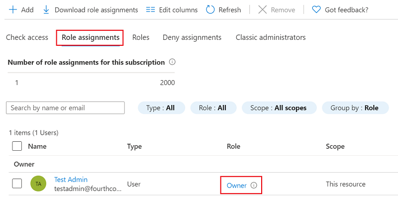 Screenshot showing the user is assigned the Owner role.