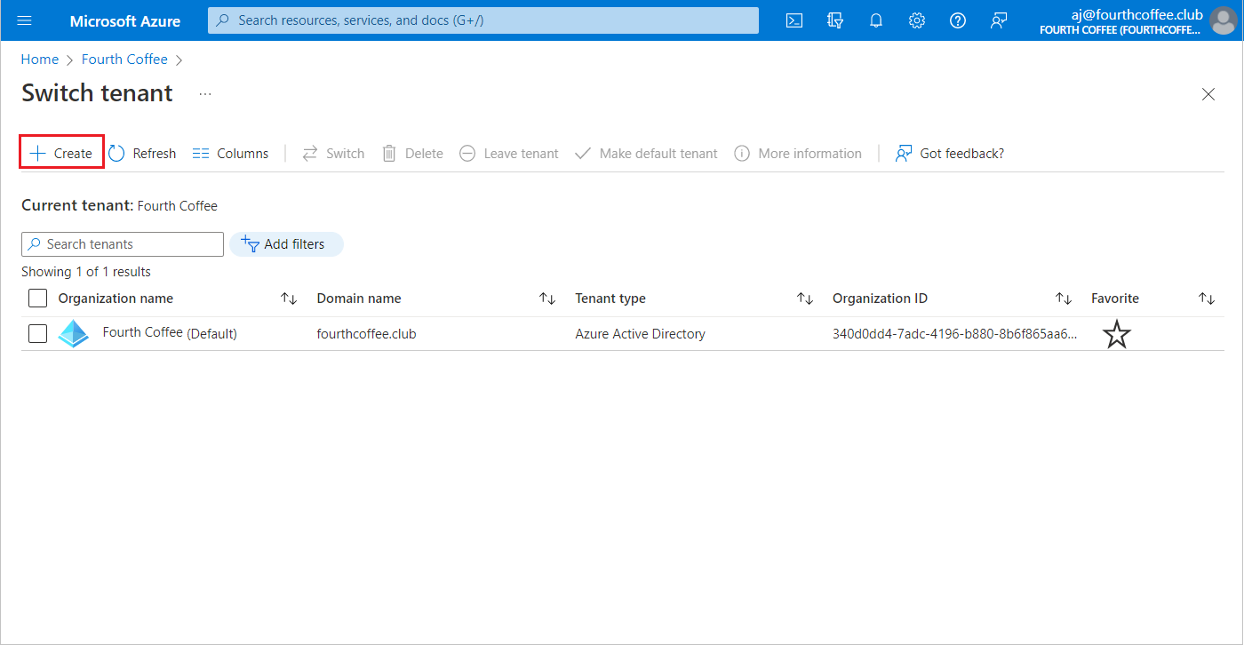 Azure Active Directory - Overview page - Create a tenant