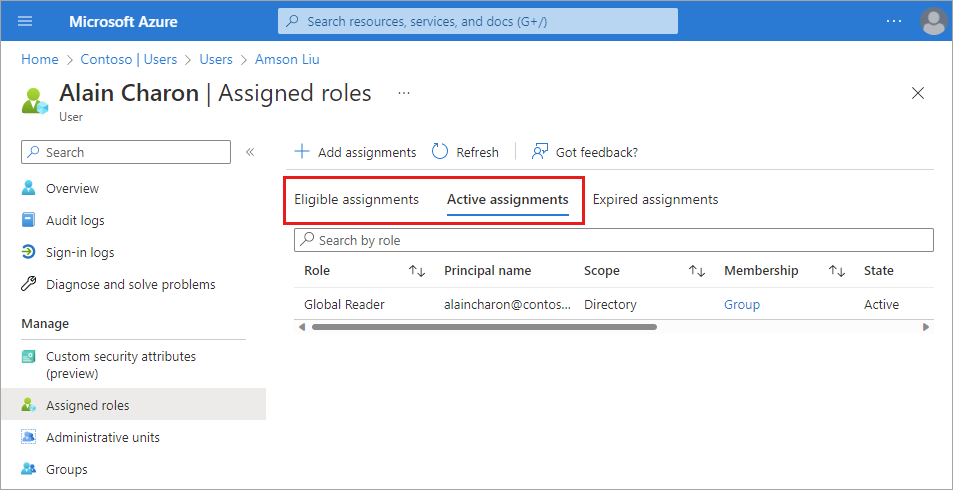 Screenshot of the assigned roles page with the assignment types highlighted.