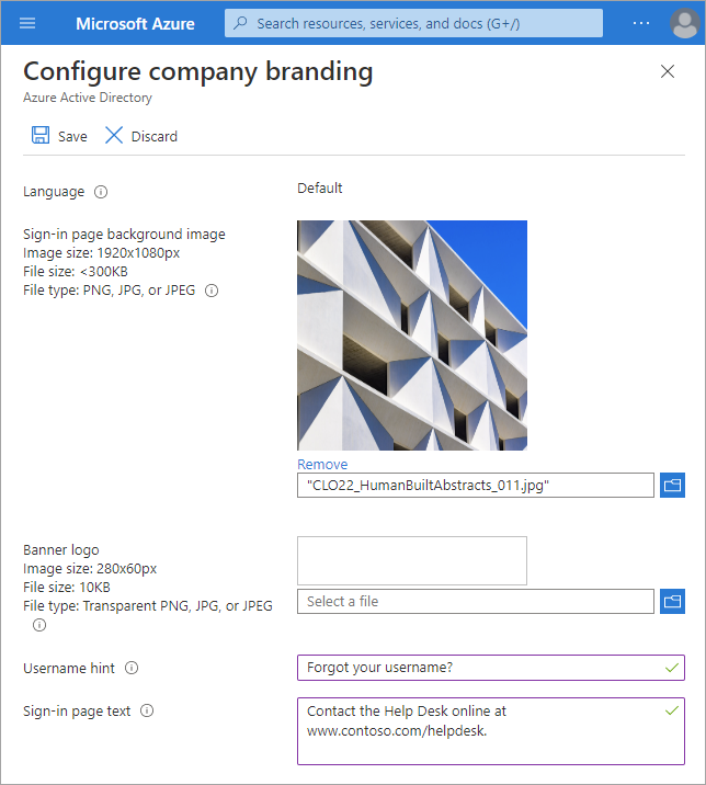 Configure company branding page, with general settings completed