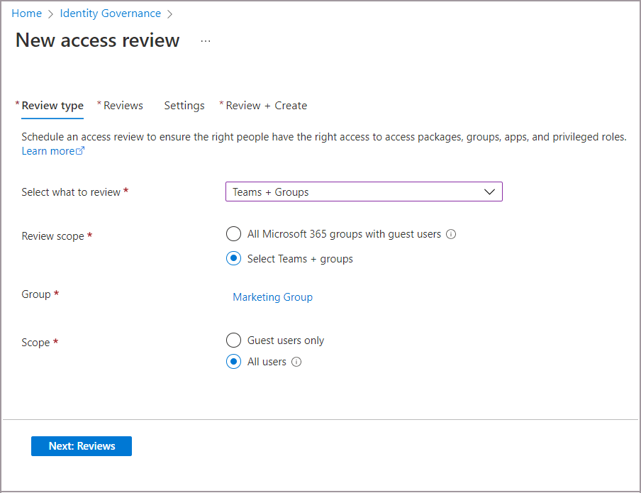 Screenshot that shows setting the review scope to for shared channels review.
