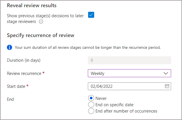 Screenshot that shows duration and show previous stages setting enabled for multi-stage review.