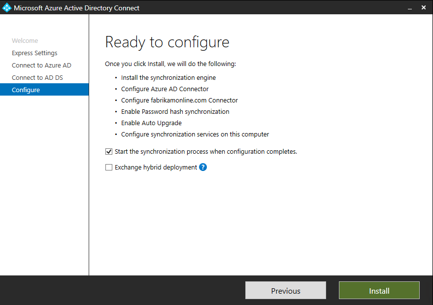 Screenshot that shows the Ready to configure Microsoft Entra Connect page in the wizard.