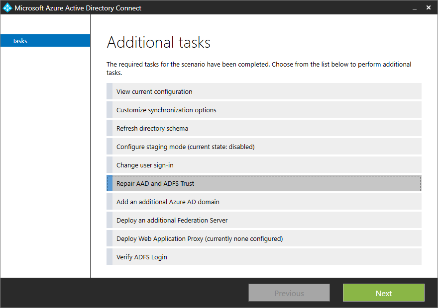Screenshot of the "Additional tasks" page for repairing the Microsoft Entra ID and AD FS trust.
