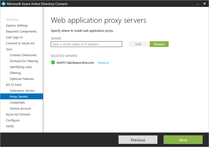 Screenshot showing the Web Application Proxy servers page.
