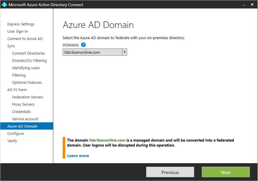 Screenshot that shows the "Azure A D Domain" page.