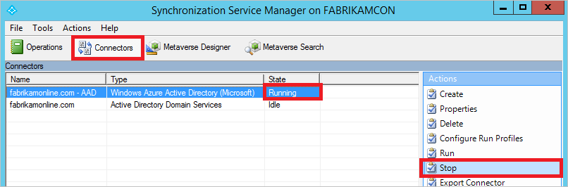 Screenshot shows Synchronization Service Manager with Connectors selected and a running connector highlighted with the Stop action selected.