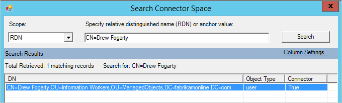 Screenshot that shows the "Search Connector Space" window.