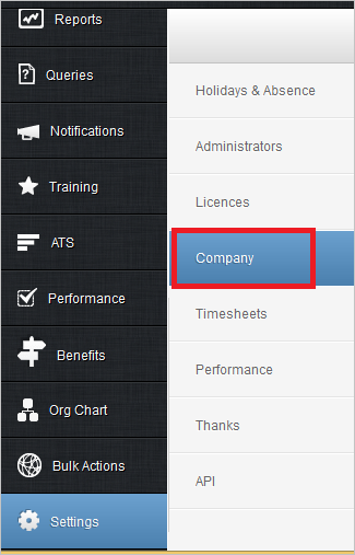Screenshot that shows "Company" selected from the "Settings" menu.