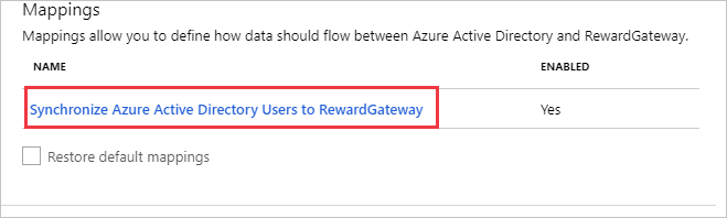 Screenshot of the Mappings section with the Synchronize Microsoft Entra users to Reward Gateway option called out.