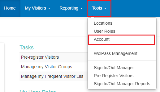 Screenshot shows Account selected from the Tools menu in the WhosOnLocation site.