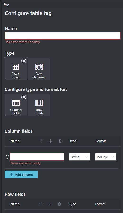 Configuring a table tag.