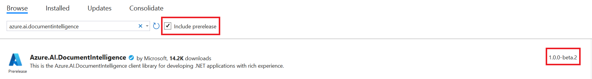 Screenshot of select prerelease NuGet package in Visual Studio.