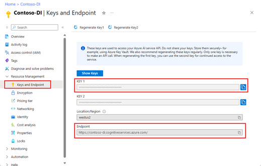 Screenshot of the keys and endpoint page in the Azure portal.