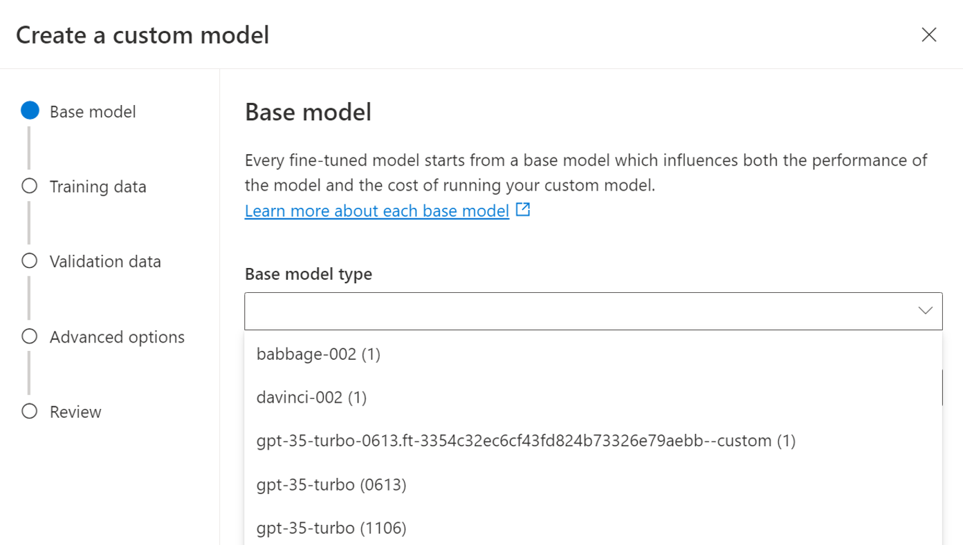 Screenshot of model options with a custom fine-tuned model.