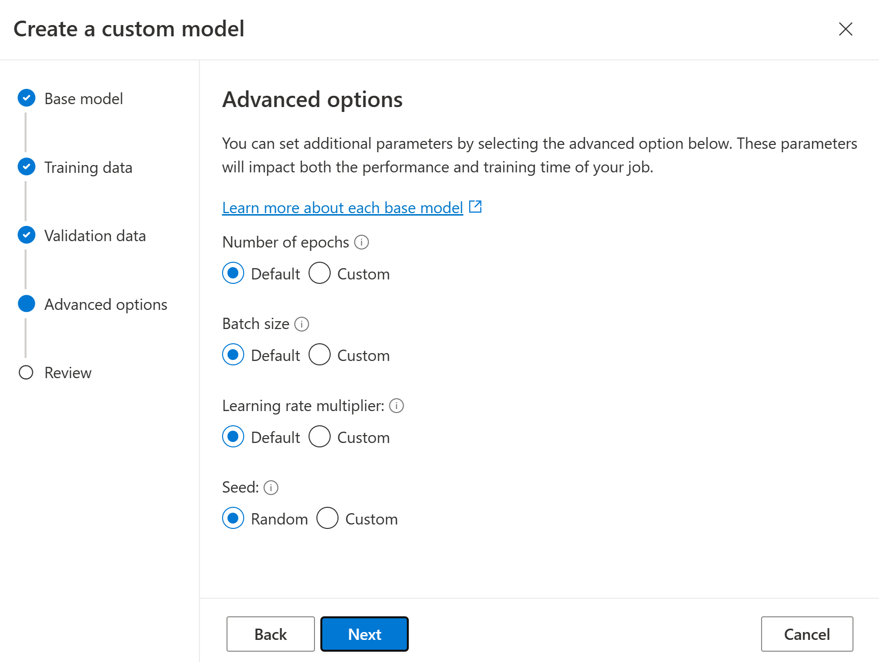 Screenshot of the Advanced options pane for the Create custom model wizard, with default options selected.