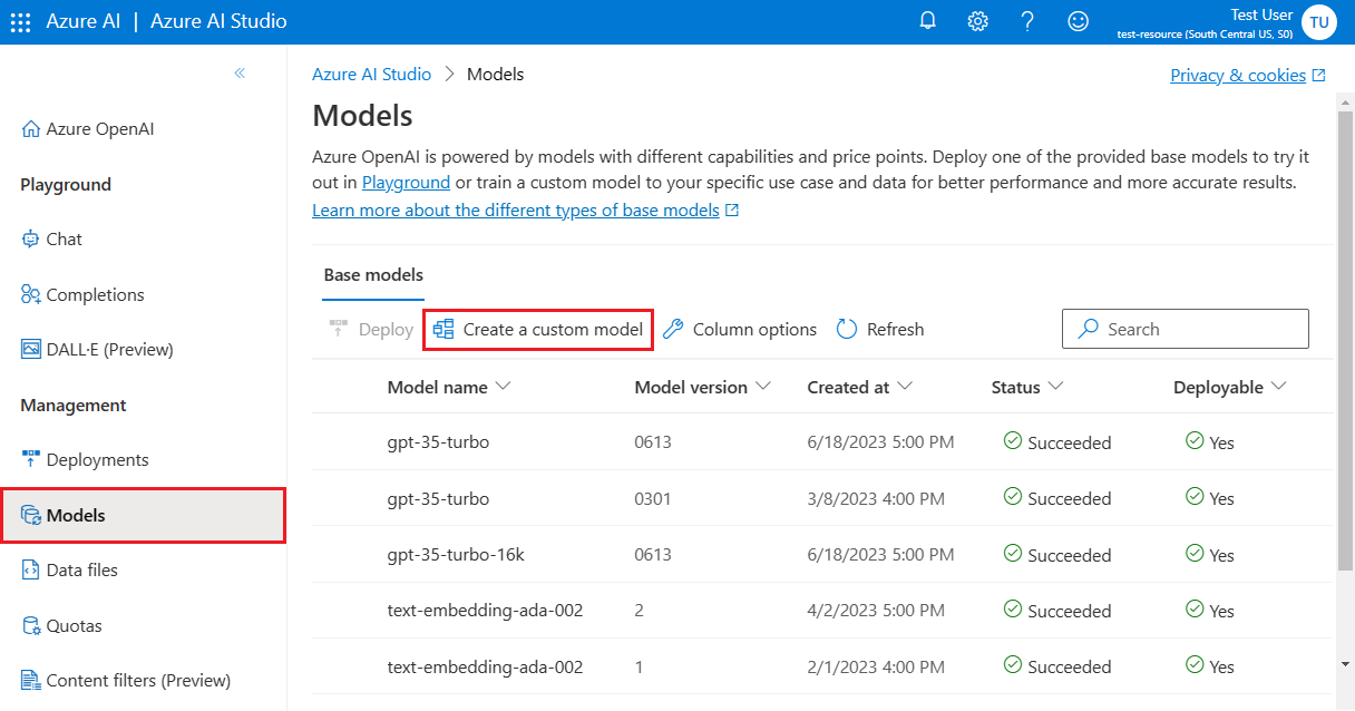 Screenshot that shows how to access the Create custom model wizard in Azure OpenAI Studio.