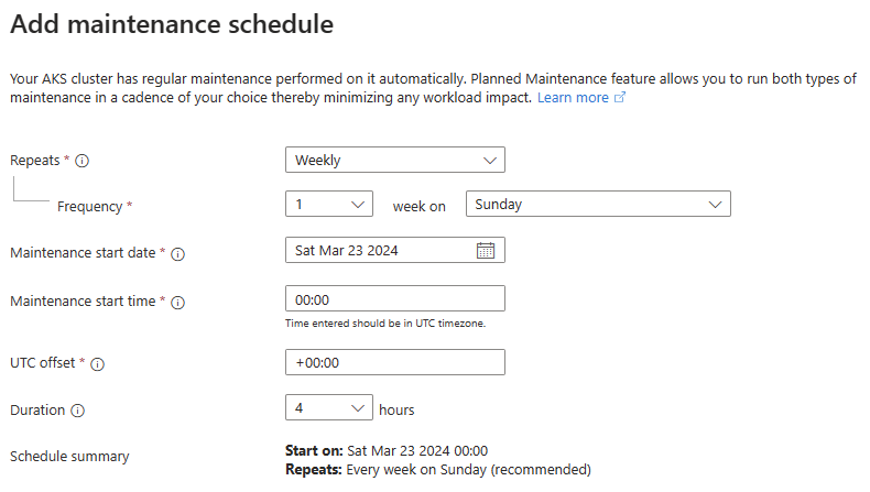 A screenshot of the Azure portal showing the maintenance schedule configuration options in the Add maintenance schedule page of an existing AKS cluster.